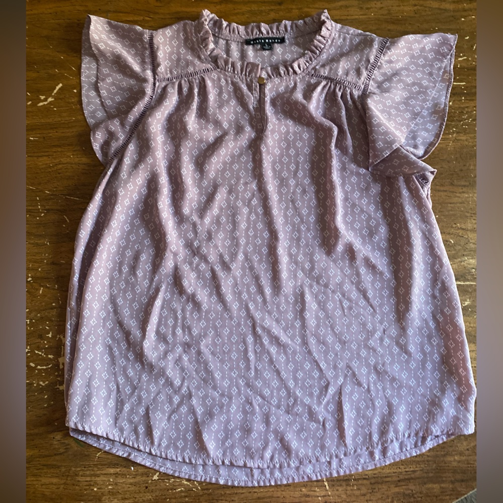 Light purple (mauve?) top - white accents, frilly cap sleeve - haute monde